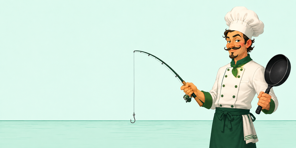 The chef waits with his fishing rod